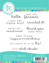 Graphic of packaging of 9 different snail themed sentiments for paper crafting.