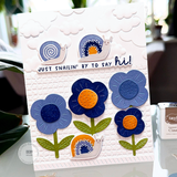 Handmade greeting card with snails and flowers with just snailin' by to say hi sentiment with flowers in background.