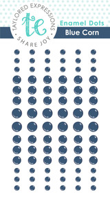 Packaging of a variety sized blue corn enamel dots used for paper crafting.