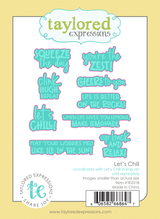 Graphic of 9 summer-themed steel sentiment dies for paper crafting, featuring playful phrases and seasonal words.