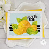 Handmade greeting card with citrus fruit and you're the zest sentiment on it with flowers in background.