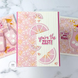 Handmade greeting card with citrus fruit and you're the zest sentiment on it with cards in the background.