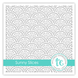 Graphic of a single-layer stencil featuring a repeating pattern of citrus fruit slices for paper crafting.