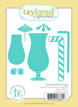 Graphic of steel die set including a cup, straws, ice cubes, and mini umbrella for paper crafting.