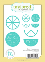 Graphic of a steel die set featuring citrus fruit slices and segments, designed for paper crafting.