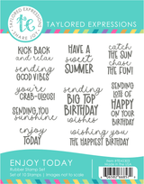 Graphic of set of 10 red rubber stamps with enjoying the day sentiment themes for paper crafting.