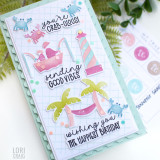 Handmade greeting card with beach theme including crab, palm trees, and sailboat with three different sentiments on it wishing happy birthday with color swatches in background.