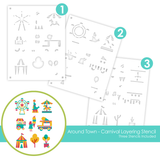Graphic of three carnival themed layering stencils for paper crafting.