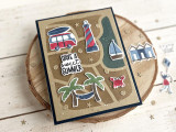 Handmade greeting card with a beach theme including a crab and sailboat with have a sweet summer sentiment on it and a paper crafted beach house in the background.