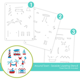 Graphic of three layering stencils with seaside ocean theme for paper crafting.