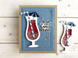 Handmade greeting card with a drink cup and stars on it with sip back and relax sentiment on it with a paper crafted drink cup in background.