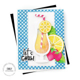 Handmade greeting card with a drink cup, citrus fruit, and let's chill sentiment on it with cardstock in the background.