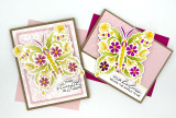 Two handmade greeting cards with one having a butterfly with finding strength in hope sentiment and one having a butterfly with your kindness means the world to me sentiment with cardstock in background.