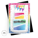 Handmade greeting card with layered cake with confetti and happy birthday sentiment with cardstock in the background. Handmade greeting card with layered cake with confetti and happy birthday sentiment with cardstock in the background.