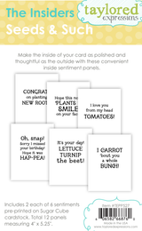 Graphic of 6 sentiments with different vegetable and gardening themes on it for paper crafting.