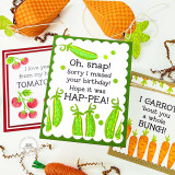 Handmade greeting card with peas on it and oh, snap! sorry I missed your birthday! hope it was hap-pea! sentiment on it with crafting materials and cards in the background.