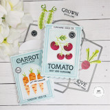 Two handmade greeting cards, one with tomatoes on it and one with carrots on it, both with just add sunshine sentiment on it with paper crafting materials in background.