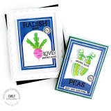Handmade greeting card with radish on it and love grows here sentiment and a smaller gift card holder with peas on it and just add sunshine sentiment on it.