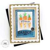 Handmade greeting card with three carrots on it and grown with love sentiment on it with cardstock in the background. Handmade greeting card with three carrots on it and grown with love sentiment on it with cardstock in the background.