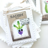 Handmade greeting card with radish on it with thank you for helping me grow sentiment on it with cardstock in background. Handmade greeting card with radish on it with thank you for helping me grow sentiment on it with cardstock in background.