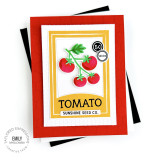 Handmade greeting card with tomatoes on it and sunshine seed co. sentiment with cardstock in the background.