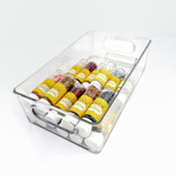 Embellishment Bits & Pieces bottles inside small clear crate that measures 5 ⅝ in. wide, 9 ¾ in. deep, and 2 ¾ in. tall, to hold paper crafting materials.