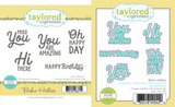 Two product images side by side—one showing the Boho Hellos red rubber stamp set with five cheerful sentiments in playful fonts, and the other displaying the coordinating Boho Hellos steel die set designed to cut out each sentiment.
