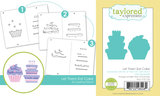 Two images showing the Let Them Eat Cake set—one with the cupcake and birthday-themed layering stencil, and the other with the coordinating steel dies for cutting out the stenciled designs.