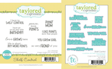 Two images—one featuring the Shelf Control sentiment stamp set with a variety of plant-themed phrases, and the other showing the coordinating steel die set designed to cut out the stamped sentiments.