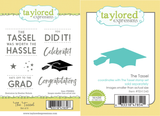 raphic featuring two images—The Tassel stamp set with celebratory graduation sentiments on the left, and the coordinating die set on the right for adding dimensional flair to your grad-themed creations.