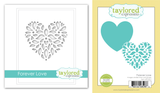 Two product images showing the Forever Love Stencil with a decorative heart design and the coordinating dies for easy cutting and layering.