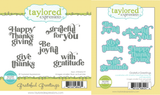 Two product images showing the Grateful Greetings stamp set with bold handwritten sentiments and the coordinating die set for easy cutting and layering.