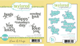 Two product images showing the Love & Hugs stamp set with typewriter-style sentiments and the coordinating dies designed to cut out each phrase.
