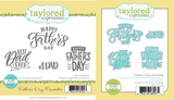 Graphic showing two product images side by side—on the left, the Father’s Day Favorites stamp set with bold scripted sentiments, and on the right, the coordinating die set for cutting out each phrase