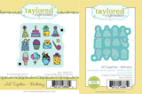 Two product images showing the All Together – Birthday stamp with 12 festive icons, and the coordinating die set for cutting out each birthday-themed shape.