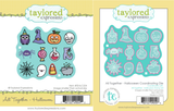 Two product images showing the All Together – Halloween stamp with 12 spooky icons like pumpkins and ghosts, and the coordinating die set for cutting out each Halloween shape.