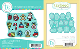 Two product images showing the All Together – Holiday stamp set with 13 festive seasonal icons, and the coordinating die set for cutting out each holiday-themed shape.
