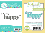 Graphic showing the Get the Word Out – Happy Stamp with bold serif lettering and the coordinating Shadow Die designed to layer behind the sentiment for added dimension.