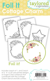 Graphic of 4 Foil It Cottage Charm foils with flowers and a star for papercrafting.