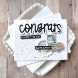 Handmade greeting card with horse piñata and sparkles with congrats so happy for you, and cue the confetti sentiments on it with cardstock in background.