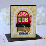 Handmade greeting card with a slot machine on it with you're one in a million sentiment on it with flowers in background. Handmade greeting card with a slot machine on it with you're one in a million sentiment on it with flowers in background.