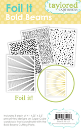 Graphic of 4 different Foil It Bold Beams options with a ray, hearts, stars, and music notes for papercrafting.