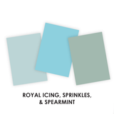 Three different pieces of TE premium cardstock including royal icing, sprinkles, and spearmint to show shades of blue.