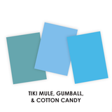 Three TE premium cardstocks including tiki mule, gumball, and cotton candy to show shades of blue.