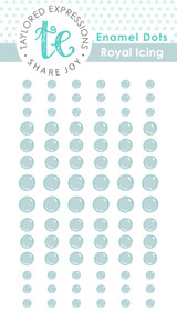 Graphic of packaging of Royal Icing colored enamel dots of various sizes.