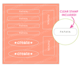 Graphic of Love to Label Sticker sheets with the orange color, Papaya, with clear stamp included text of the word papaya.