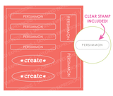 Graphic of Love to Label Sticker sheets with the orange color, Persimmon, with clear stamp included text of the word persimmon.