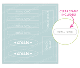 Graphic of Love to Label Sticker sheets with the blue color, Royal Icing, with clear stamp included text of the words Royal Icing.