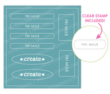 Graphic of Love to Label Sticker sheets with the blue color, Tiki Mule with clear stamp included text of the words Tiki Mule.