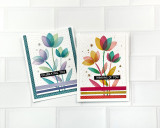 Two handmade greeting cards with flowers on them both, one is cool tones and one in warm tones with one having celebrating you sentiment on it and the other having thinking of you sentiment on it.